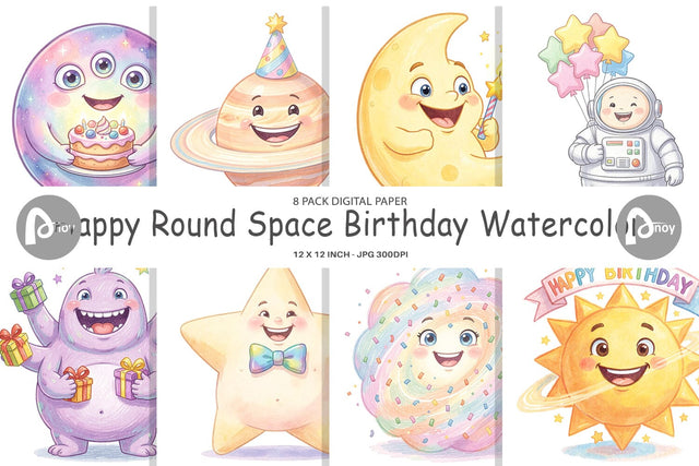 Digital Paper Happy Round Space Birthday Watercolor Digital Pattern artnoy 