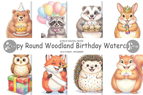 Digital Paper Happy Round Woodland Birthday Watercolor Digital Pattern artnoy 