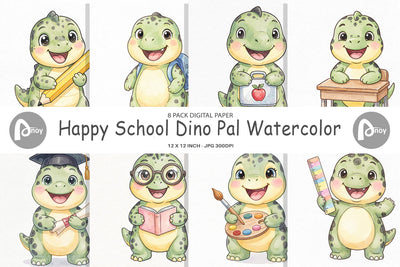 Digital Paper Happy School Dino Pal Watercolor Sublimation artnoy 