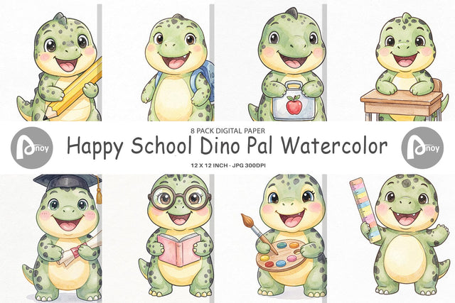 Digital Paper Happy School Dino Pal Watercolor Sublimation artnoy 