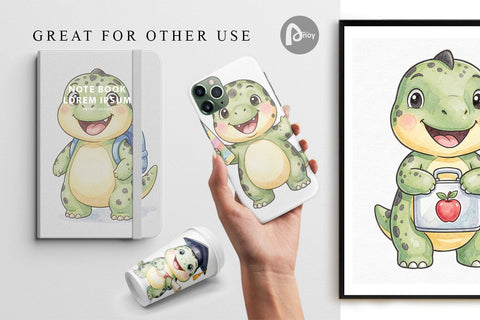 Digital Paper Happy School Dino Pal Watercolor Sublimation artnoy 