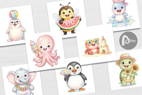 Digital Paper Happy Summer Animals Watercolor Digital Pattern artnoy 