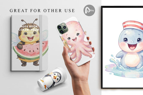 Digital Paper Happy Summer Animals Watercolor Digital Pattern artnoy 