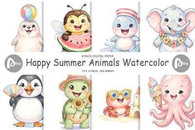 Digital Paper Happy Summer Animals Watercolor Digital Pattern artnoy 