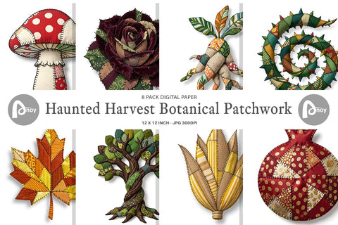 Digital Paper Haunted Harvest Botanical Patchwork Digital Pattern artnoy 