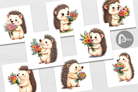 Digital Paper Hedgehog Spring Bouquet Digital Pattern artnoy 