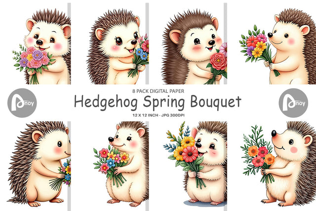 Digital Paper Hedgehog Spring Bouquet Digital Pattern artnoy 