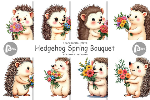 Digital Paper Hedgehog Spring Bouquet Digital Pattern artnoy 