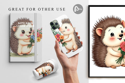 Digital Paper Hedgehog Spring Bouquet Digital Pattern artnoy 