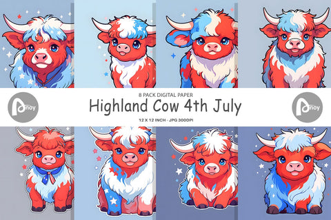 Digital Paper Highland Cow 4th July Digital Pattern artnoy 