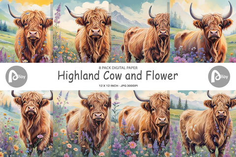 Digital Paper Highland Cow and Flower Digital Pattern artnoy 