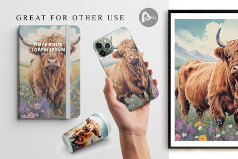 Digital Paper Highland Cow and Flower Digital Pattern artnoy 