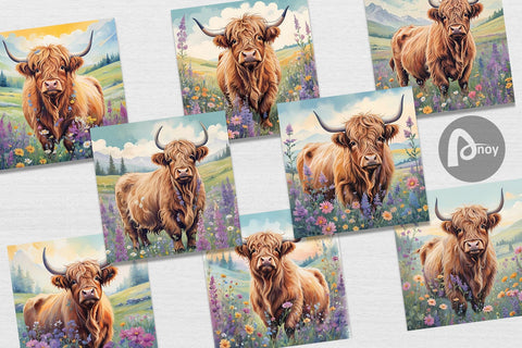 Digital Paper Highland Cow and Flower Digital Pattern artnoy 