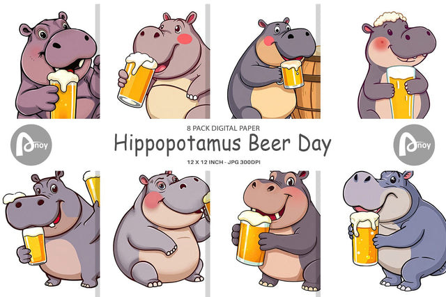 Digital Paper Hippopotamus Beer Day Digital Pattern artnoy 