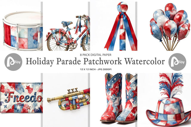 Digital Paper Holiday Parade Patchwork Watercolor Sublimation artnoy 