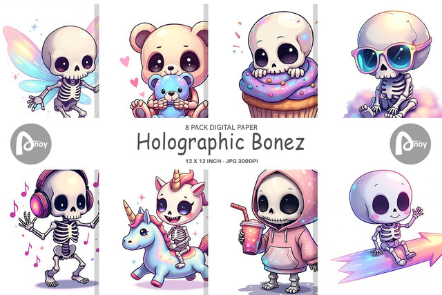 Digital Paper Holographic Skeletons Digital Pattern artnoy 