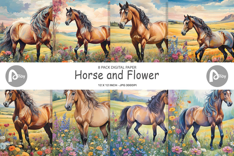 Digital Paper Horse and Flower Digital Pattern artnoy 