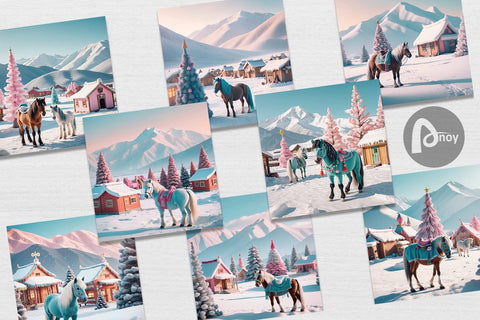 Digital Paper Horse and Winter Landscape Digital Pattern artnoy 