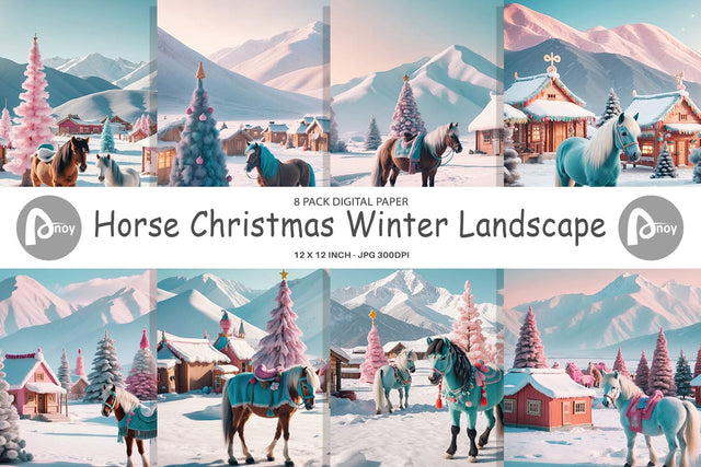Digital Paper Horse and Winter Landscape Digital Pattern artnoy 