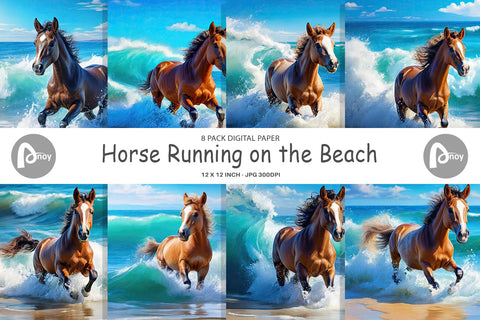 Digital Paper Horse Running on Beach Digital Pattern artnoy 