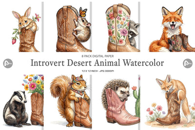 Digital Paper Introvert Desert Animal Watercolor Digital Pattern artnoy 