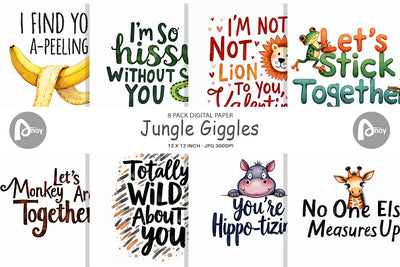 Digital Paper Jungle Giggles Funny Animal Valentine Puns Digital Pattern artnoy 