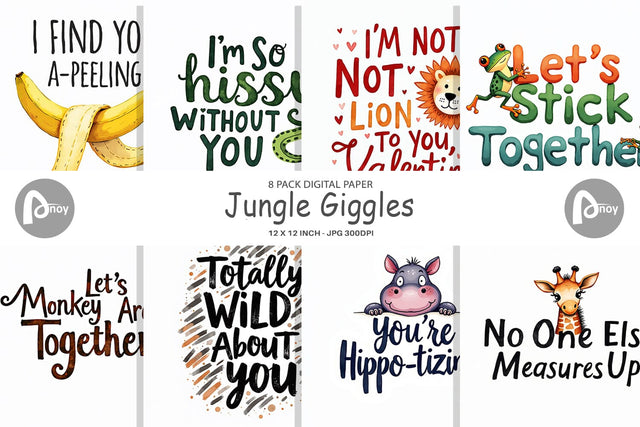 Digital Paper Jungle Giggles Funny Animal Valentine Puns Digital Pattern artnoy 
