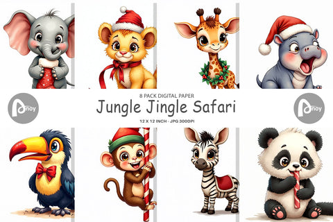 Digital Paper Jungle Jingle Safari Vintage Christmas Animals Digital Pattern artnoy 