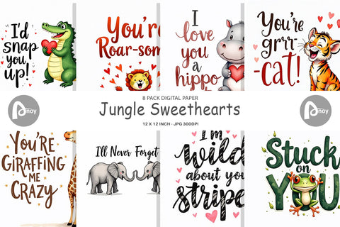 Digital Paper Jungle Sweethearts Baby Animal Valentine Puns Digital Pattern artnoy 