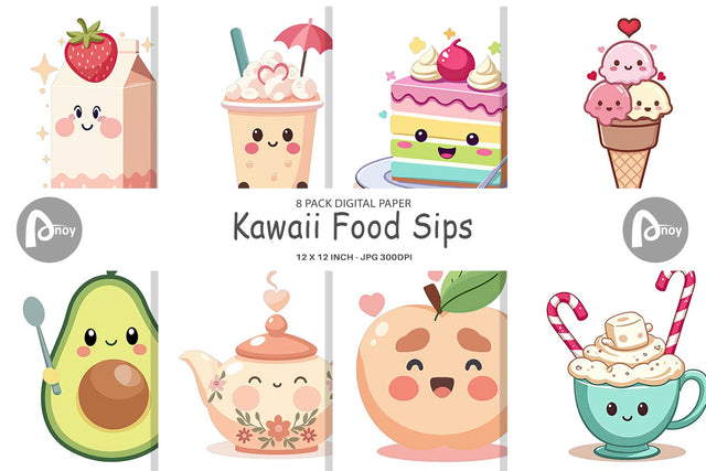 Digital Paper Kawaii Food Sips Digital Pattern artnoy 