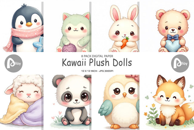 Digital Paper Kawaii Plush Dolls Digital Pattern artnoy 