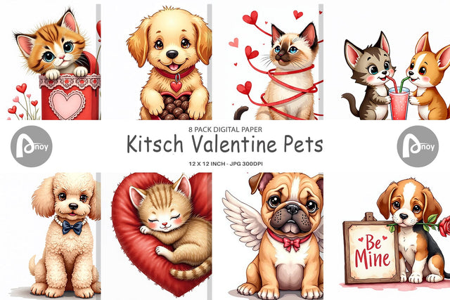 Digital Paper Kitsch Valentine's Pets Retro Puppy & Kitten Digital Pattern artnoy 