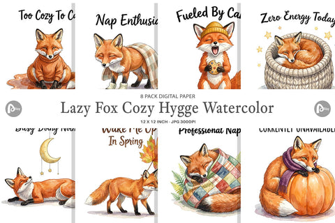 Digital Paper Lazy Fox Cozy Hygge Watercolor Digital Pattern artnoy 