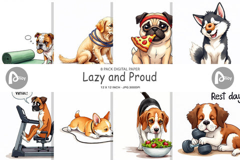 Digital Paper Lazy & Proud Anti-Fitness Dog Digital Pattern artnoy 