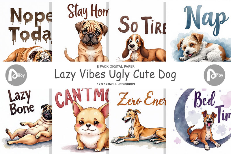 Digital Paper Lazy Vibes Ugly Cute Dog Watercolor Quotes Digital Pattern artnoy 