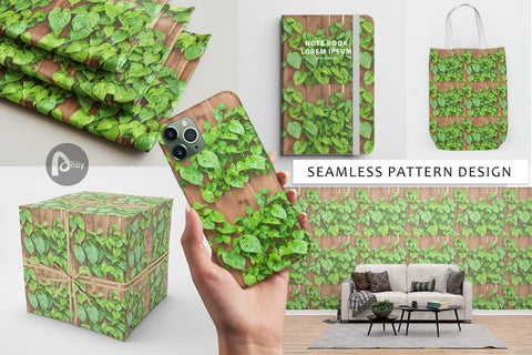 Digital Paper Leaves on Wood Fence Digital Pattern artnoy 