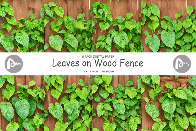 Digital Paper Leaves on Wood Fence Digital Pattern artnoy 