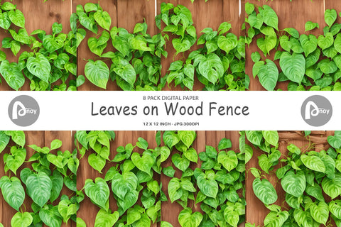 Digital Paper Leaves on Wood Fence Digital Pattern artnoy 
