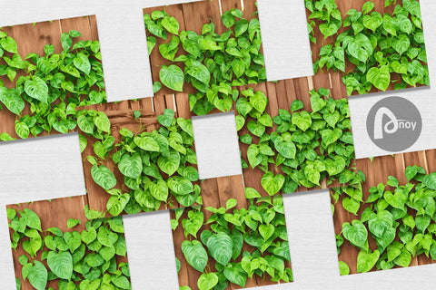 Digital Paper Leaves on Wood Fence Digital Pattern artnoy 