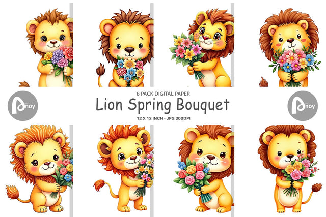 Digital Paper Lion Spring Bouquet Digital Pattern artnoy 
