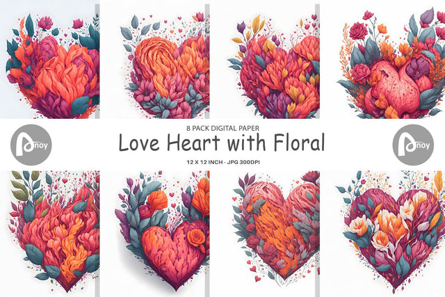 Digital Paper Love Heart with Floral Digital Pattern artnoy 
