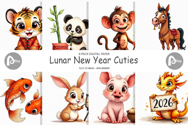 Digital Paper Lunar New Year Cuties 2026 Watercolor Digital Pattern artnoy 