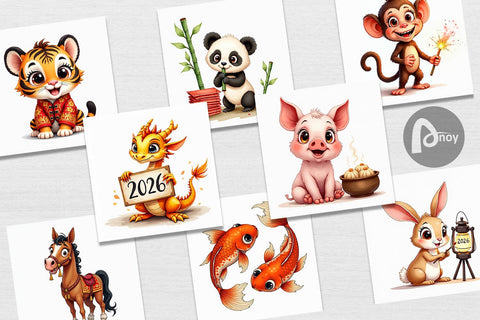 Digital Paper Lunar New Year Cuties 2026 Watercolor Digital Pattern artnoy 