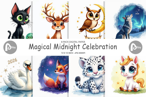 Digital Paper Magical Midnight Celebration 2026 Animals Digital Pattern artnoy 