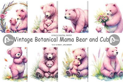 Digital Paper Mama Bear Cub Watercolor Digital Pattern artnoy 