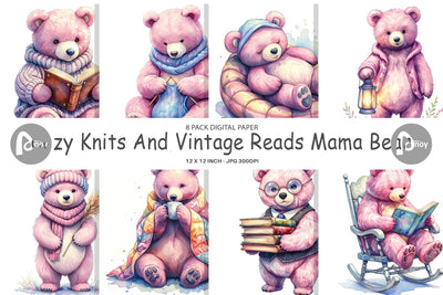 Digital Paper Mama Bear Reading Watercolor Digital Pattern artnoy 