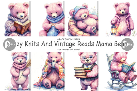 Digital Paper Mama Bear Reading Watercolor Digital Pattern artnoy 
