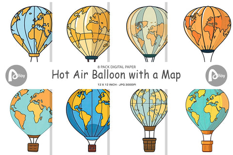 Digital Paper Map Hot Air Balloon Digital Pattern artnoy 