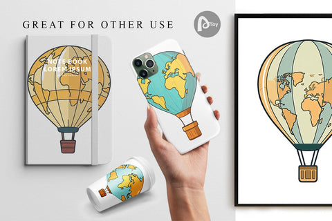 Digital Paper Map Hot Air Balloon Digital Pattern artnoy 