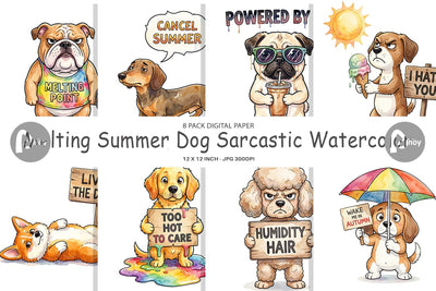 Digital Paper Melting Summer Dog Sarcastic Watercolor Digital Pattern artnoy 